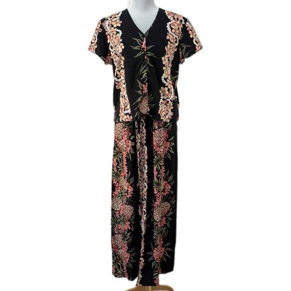 Vintage Hilo Hattie Black Floral 2 Piece Long Skirt Set - Women's Size M - Picture 1 of 9